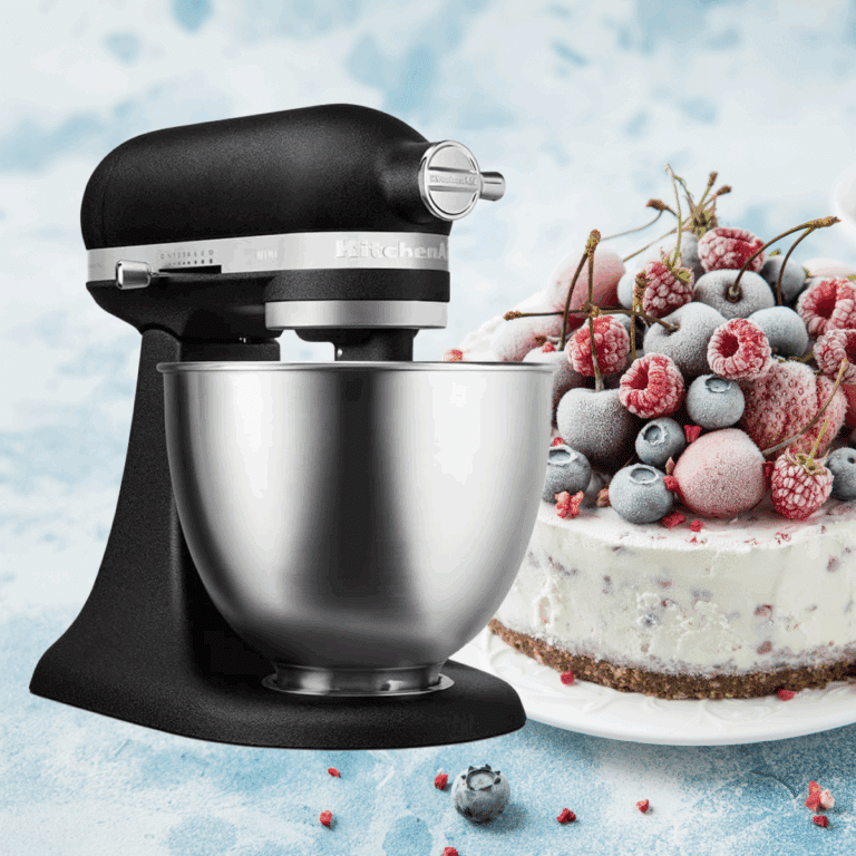 schwarze Kitchen Aid & Eistorte im Hintergrund
