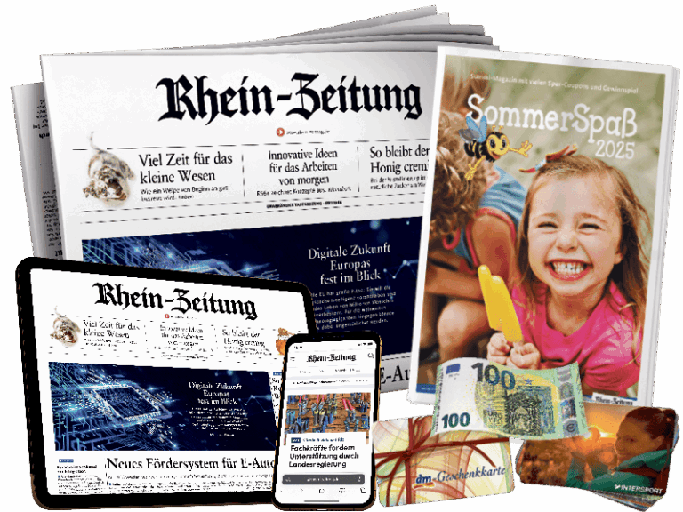 Gedruckte Zeitung, Tablet (E-Paper), iPad, Handy (Rhein-Zeitung.de), Summi Beilage, dm Geschenkkarte, Intersportgutschein, 100 € Bargeld