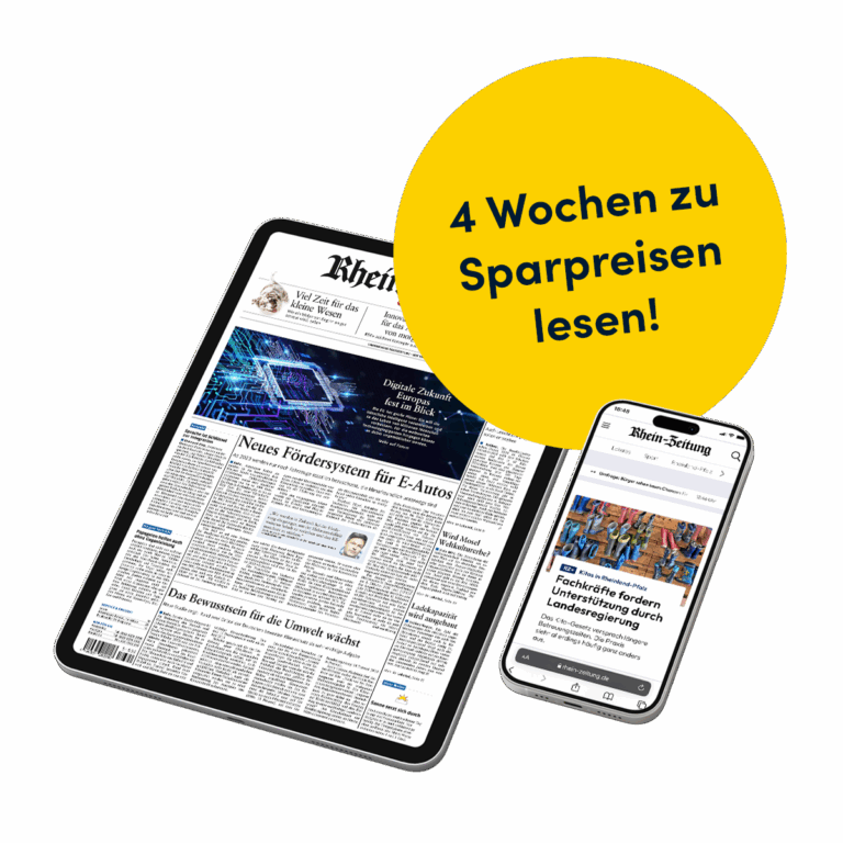 E-Paper Aktion-Abos: Tablet (E-Paper Rhein-Zeitung), Handy (Rhein-Zeitung.de) und Störer (gelb): 4 Wochen zu Sparpreisen lesen!