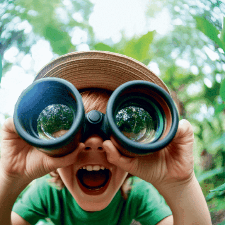 Kind mit Fernglas und Bäume im Hintergrund