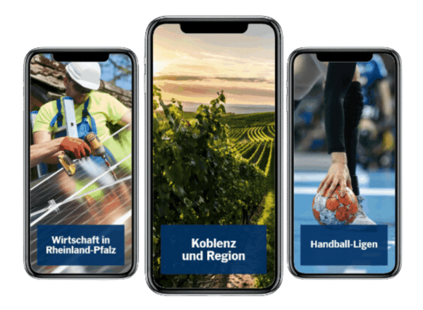 3 Handys mit verschiedenen Newslettern (Wirtschaft, Koblenz und Region, Handball-Ligen)