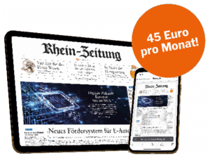Aktion Azubi Abo: Tablet (E-Paper Rhein-Zeitung) mit Handy (E-Paper Rhein-Zeitung) und Störer (orange): 45 Euro im Monat!