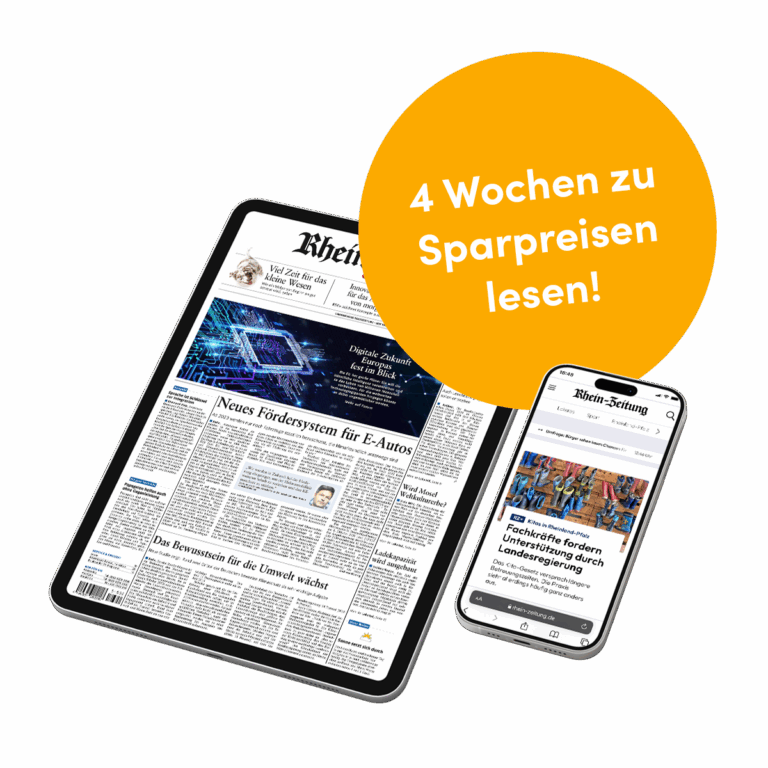 E-Paper Aktion-Abos: Tablet (E-Paper Rhein-Zeitung), Handy (Rhein-Zeitung.de) und Störer (gelb): 4 Wochen zu Sparpreisen lesen!