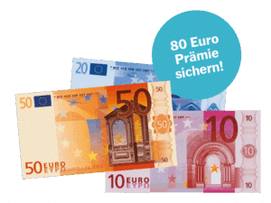 80 Euro Gelscheine und Störer (blau): 80 Euro Prämie sichern!