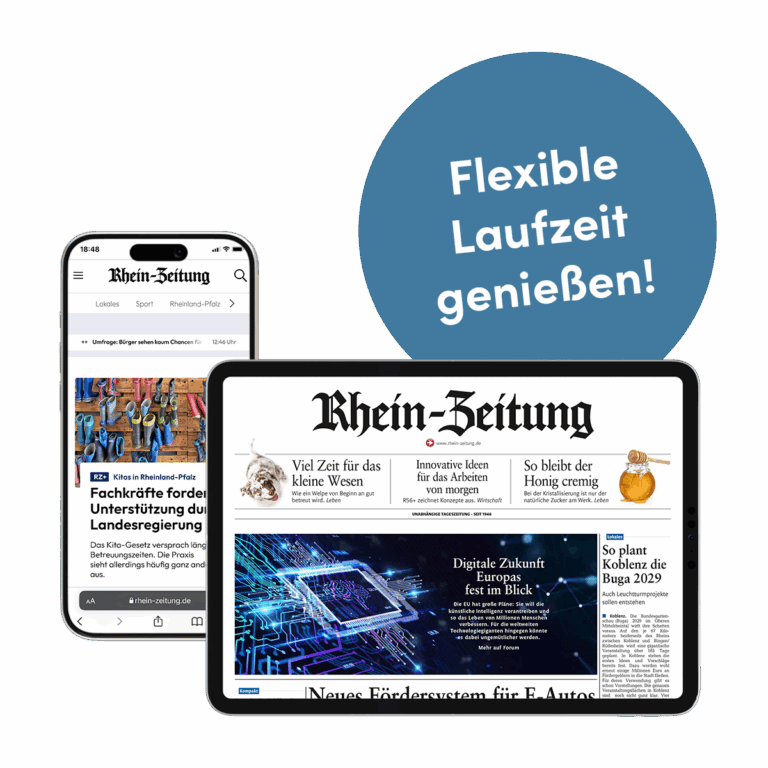 E-Paper Flex-Abos: Tablet (E-Paper Rhein-Zeitung), Handy (Rhein-Zeitung.de) und Störer (blau): Flexible Laufzeit genießen!