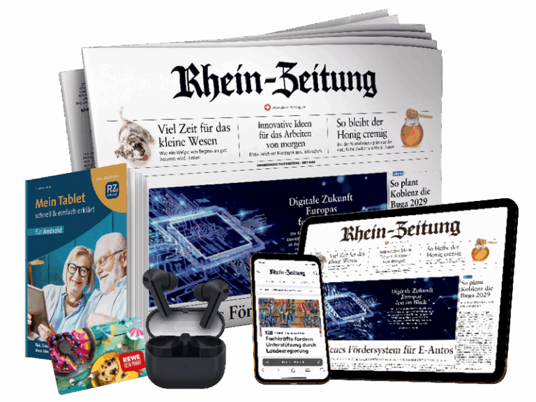 Gedruckte Zeitung, Tablet (E-Paper), iPad, Handy (Rhein-Zeitung.de), Samsung Kopfhörer schwarz, Tablet-Ratgeber Samsung, Rewe-Geschenkkarte