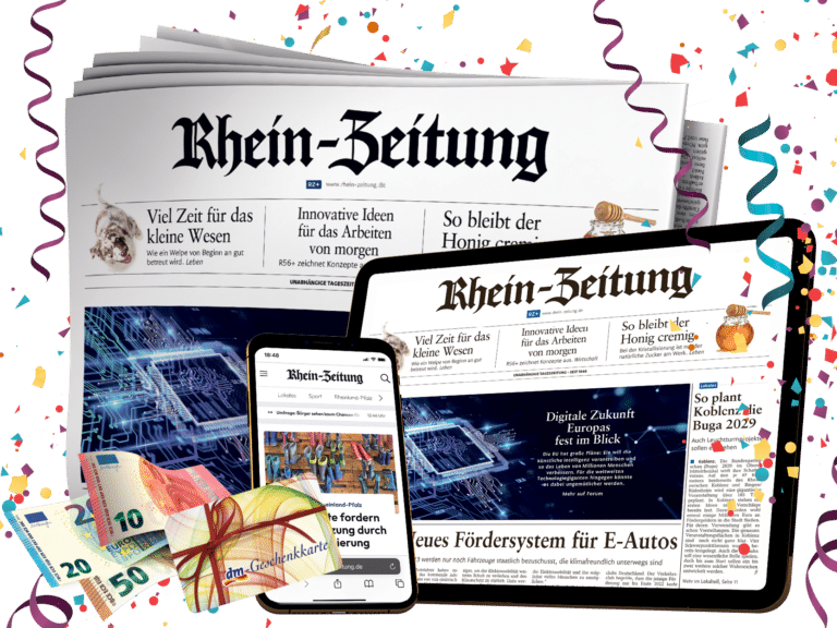 RZ-Komplett Frühling 2026: Gedruckte Rhein-Zeitung, Tablet (E-Paper Rhein-Zeitung) und Handy (Rhein-Zeitung.de) und DM-Geschenkkarte mit Konfetti anlässlich des Geburtstags