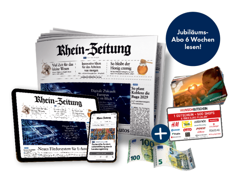 RZ-Komplett Jubiläum 2026: Gedruckte Rhein-Zeitung, Tablet (E-Paper Rhein-Zeitung) und Handy (Rhein-Zeitung.de), 105 Euro Bargeld und 25 Euro Wunschgutschein, Intersport-Gutscheine mit Störer 